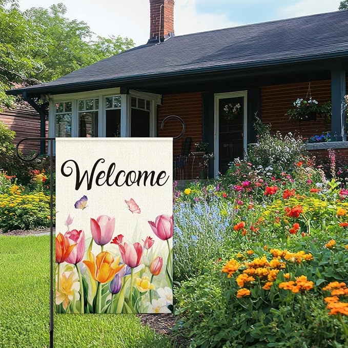 Welcome Flags for Outside,Spring Tulips Garden Flag for Yard Patio Lawn Decoration,12x18 Inch Double Sided