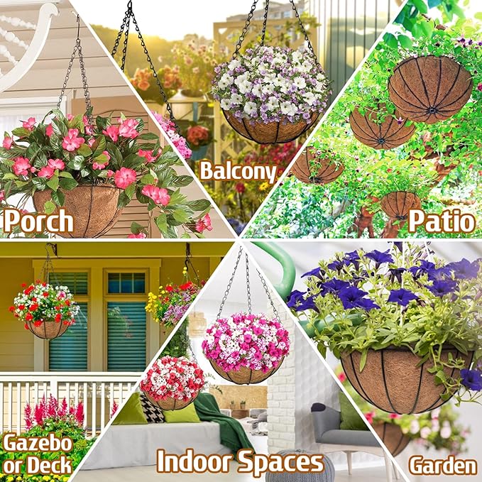 ZeeDix Outdoor Hanging Baskets, 2 Pack 12 Inch Metal Round Wire Hanging Planter with Coconut Liners Replacement, Hanging Flower Pots for Outdoor Plants Flowers