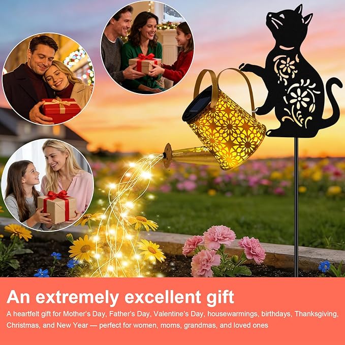 VOOKRY Solar Watering Can Lights Outdoor with Cat Silhouette Stake, Garden Gifts for Mom, Women & Garden Lovers Waterproof Metal Garden Lantern, Decorative Yard Patio Lawn Pathway Decor(2 Pack)