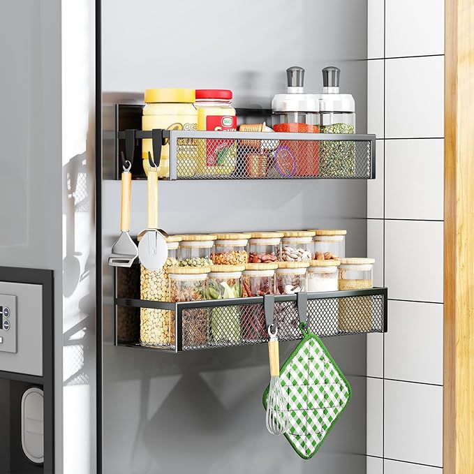 Aufworld Magnetic Spice Rack for Refrigerator, 2 Pack Magnetic Shelf, Fridge Magnet Organizer with Moveable 4 Hooks, Magnetic Fridge Shelf for Kitchen Organization and Storage (2 Pack)