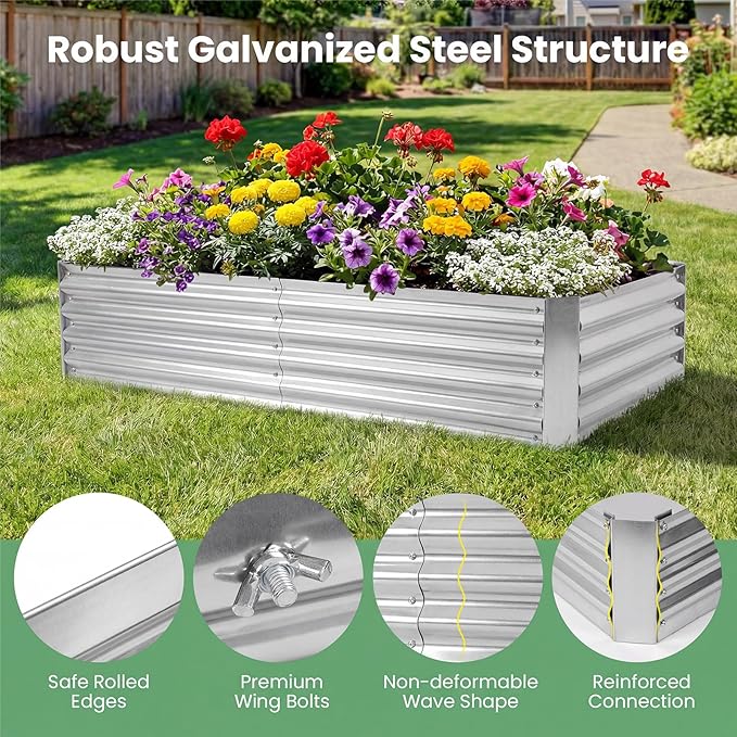 Happygrill Raised Garden Bed with Cover, Galvanized Planter Boxes Outdoor w/Mini Greenhouse, 2 Roll-up Windows & Open-Ended Base, Metal Growing Raised Bed for Vegetables (Silver, 72” x 36” x 37”)