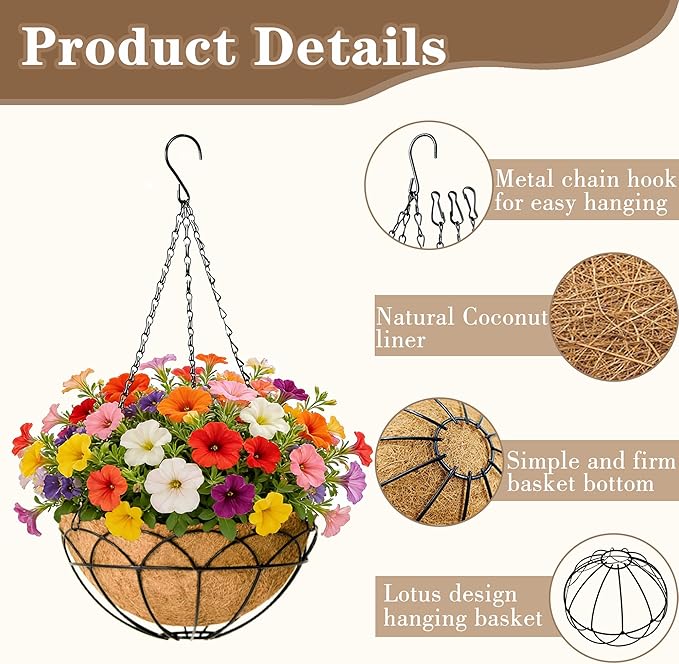 EIMQUVW 12 Inch Outdoor Patio Hanging Planters (Pack 4) Black Round Coconut Fiber Hanging Baskets with Chain and Hooks Metal Flower Pots Suitable for Balcony Railings Garden Pergolas