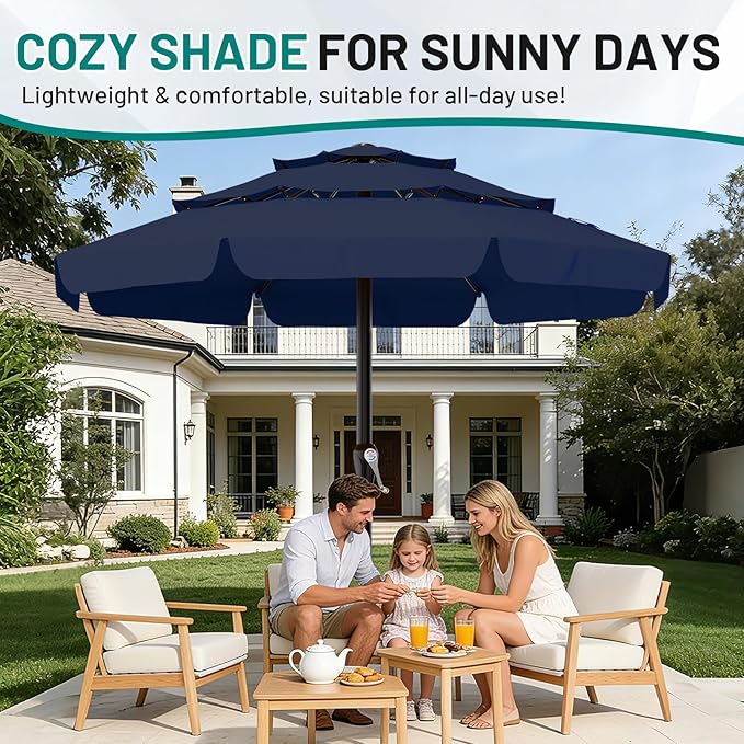 AreShark 12FT 3-Tiers Patio Umbrella with Valance, Outdoor with Crank, Large Outdoor Market Umbrellas Vented with 8 Sturdy Ribs, Patio Table Umbrellas for Garden, Deck, Backyard, Pool, Navy