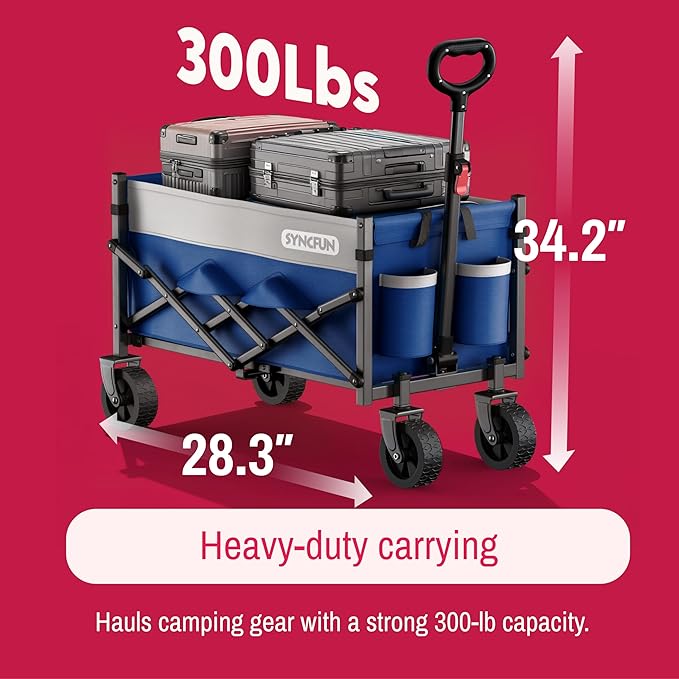 SYNCFUN Collapsible Wagon Cart Foldable 300lbs, Portable Rolling Shopping Carts on Wheels, Folding Sport Beach Wagons All Terrain, Heavy Duty Garden Utility Cart for Groceries Fishing, Blue