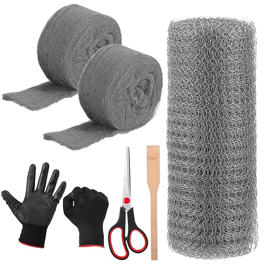 Steel Wool for Mice Control Mesh Rodent Control Kit 1 Pack Rustproof Mesh Roll and 0000 Steel Wool Mouse Hole Filler with Gloves, Scissors for House Garden Home Garage(5in X 9.8ft)