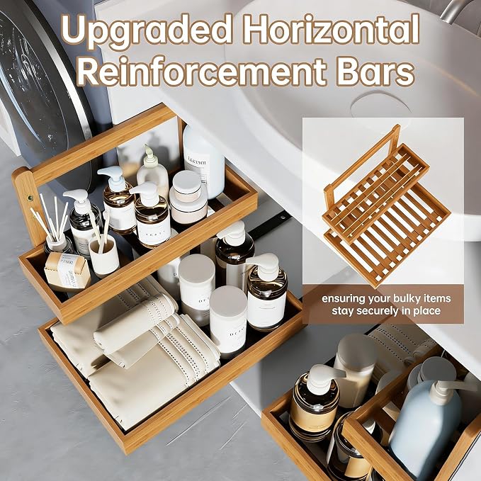 Bamboo Under Sink Organizer - 2 Tier Pull Out Cabinet Shelves with Adjustable Height, Undersink Storage Slide Out for Kitchen Bathroom Cabinet Pantry (Natual, 2 Packs)