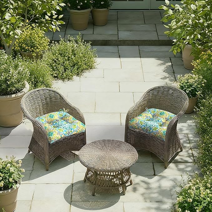 DYTXIII Set of 2 Outdoor Chair Cushions 19"x19"x4", Water Repellent Tufted Patio Seat Cushions with Ties, Thick Replacement Pads for Wicker Dining Chairs, Patio Furniture, Damask Green