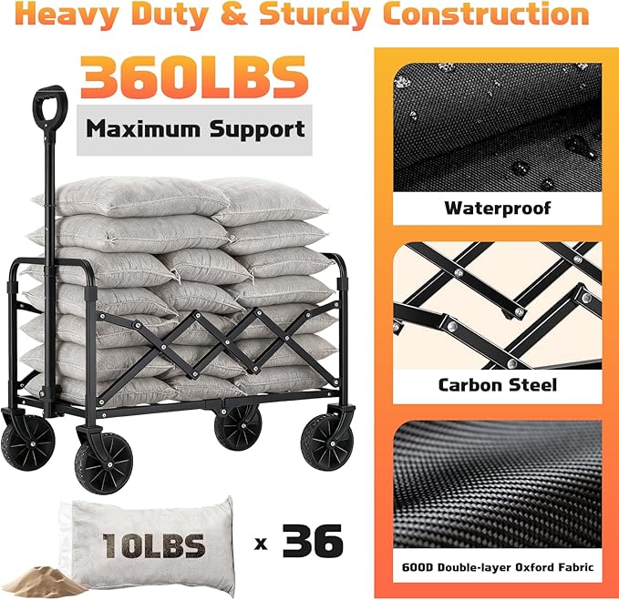 Collapsible Foldable Wagon Cart with Wheels - 360LBS Heavy Duty Folding Wagon Carts, Portable Lightweight Utility Wagon with All-Terrain Wheels & 2 Cup Holders, Grocery/Beach/Sports/Shopping/Black