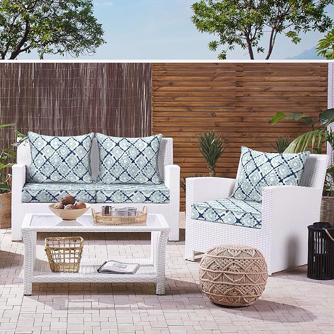 LVTXIII Outdoor Deep Seat Cushion Patio Seat and Back Cushion Set Seasonal Chair Cushion with Removable Cover and Adjustable Buckle for Home and Garden, 24"x24"x4", Boho Geometry Blue