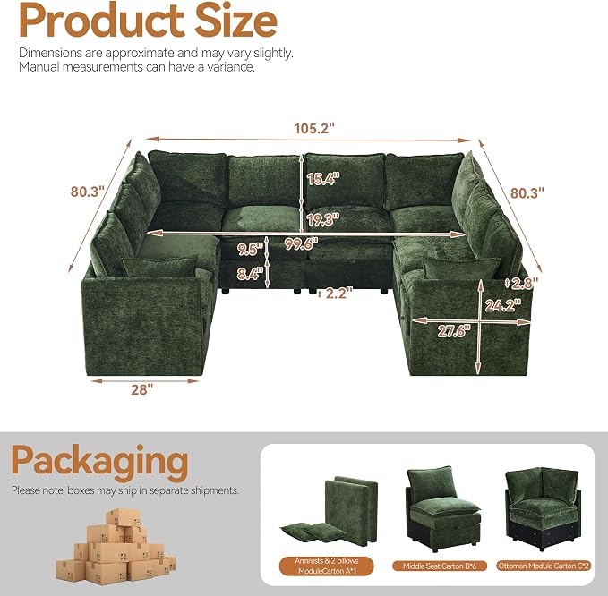105" U-Shaped Storage Modular Sectional Sofa for Living Room, Green