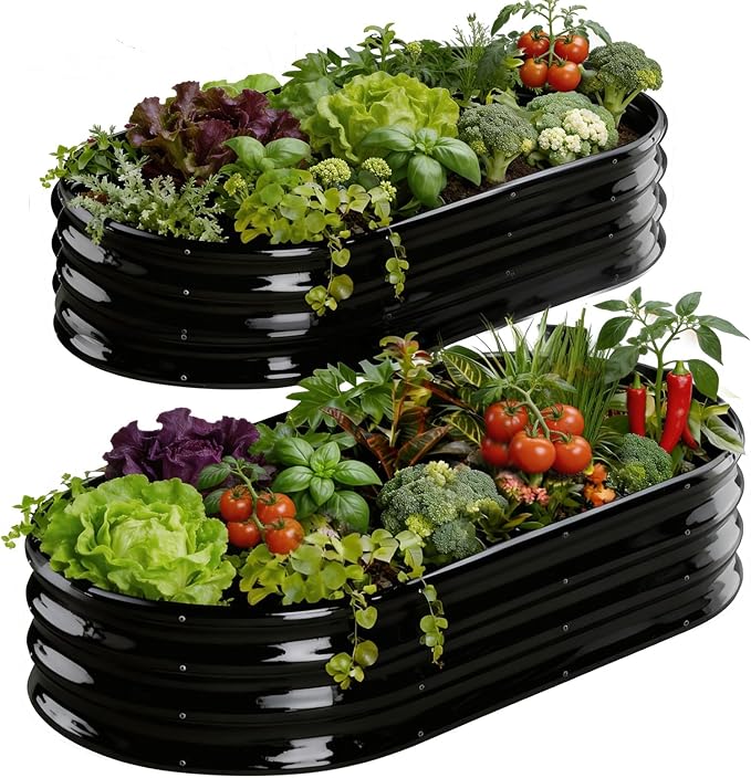 Rakukiri Raised Garden Bed Outdoor 2 Sets Oval Large Coating Metal Planter Box with No Heavy Metal for Vegetables, Flowers, Herbs