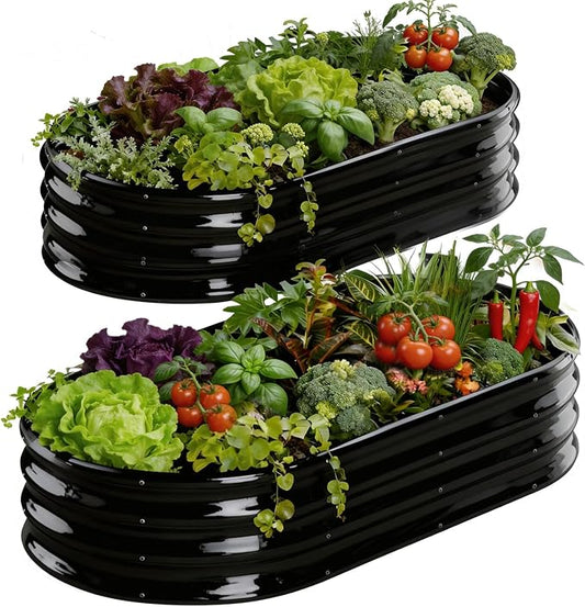 Rakukiri Raised Garden Bed Outdoor 2 Sets Oval Large Coating Metal Planter Box with No Heavy Metal for Vegetables, Flowers, Herbs