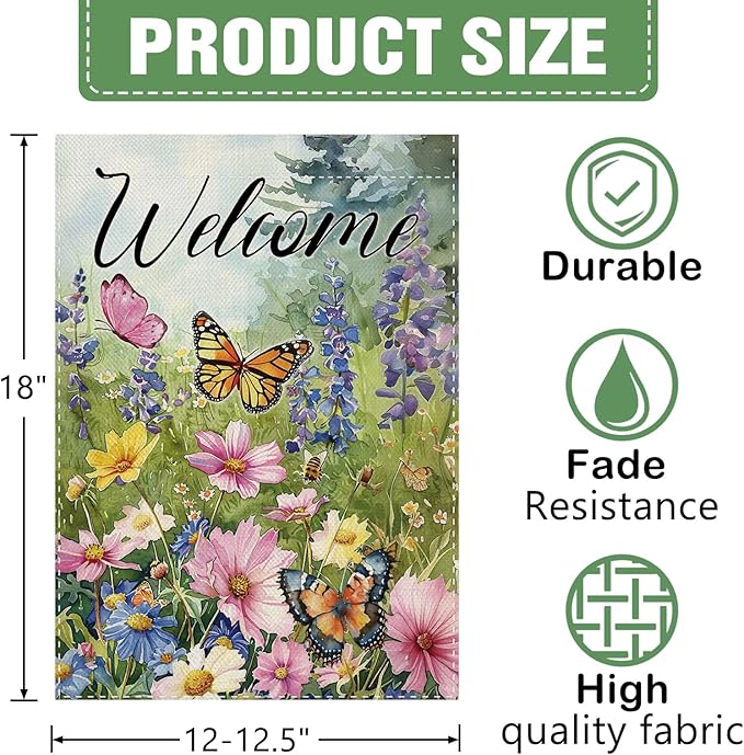 Dyrenson Welcome Spring Summer Floral Decorative Garden Flag, Watercolor Flower Butterfly Yard Outside Home Decoration, Botanical Wildflower Pastoral Burlap Outdoor Small Decor Double Sided 12 x 18