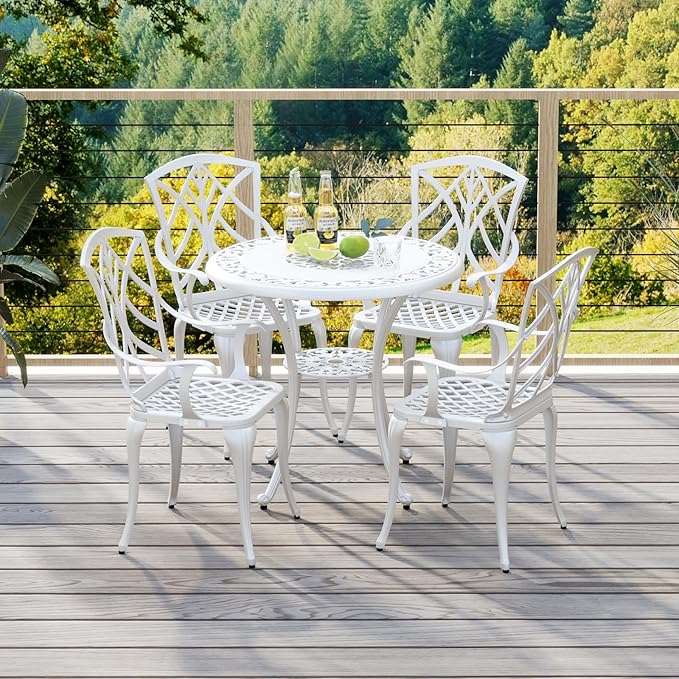 Tangkula Set of 4 Cast Aluminum Patio Dining Chairs, Outdoor Patio Chairs with Armrests, Patio Bistro Chairs for Garden, Backyard, Porch and Lawn, White