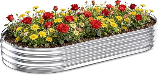 Galvanized Raised Garden Bed Outdoor, 8x4x1ft Metal Heavy Duty Planter Boxes for Gardening, Easy Assemble Large Oval Plant Container Kit for Vegetables, Flowers, Fruits, Silver, 1 Pack