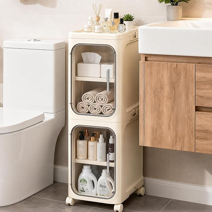 2-Tier Slim Narrow Bathroom Storage Cabinet, Cream White | Tool Free Assembly, Adjustable Shelves, Fits for Narrow Spaces, Reinforced Stability, Magnetic Clear Door
