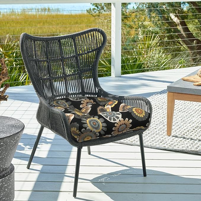 DYTXIII Set of 2 Outdoor Chair Cushions 19"x19"x4", Water Repellent Tufted Patio Seat Cushions with Ties, Thick Replacement Pads for Wicker Dining Chairs, Patio Furniture, Black Yellow Crosby