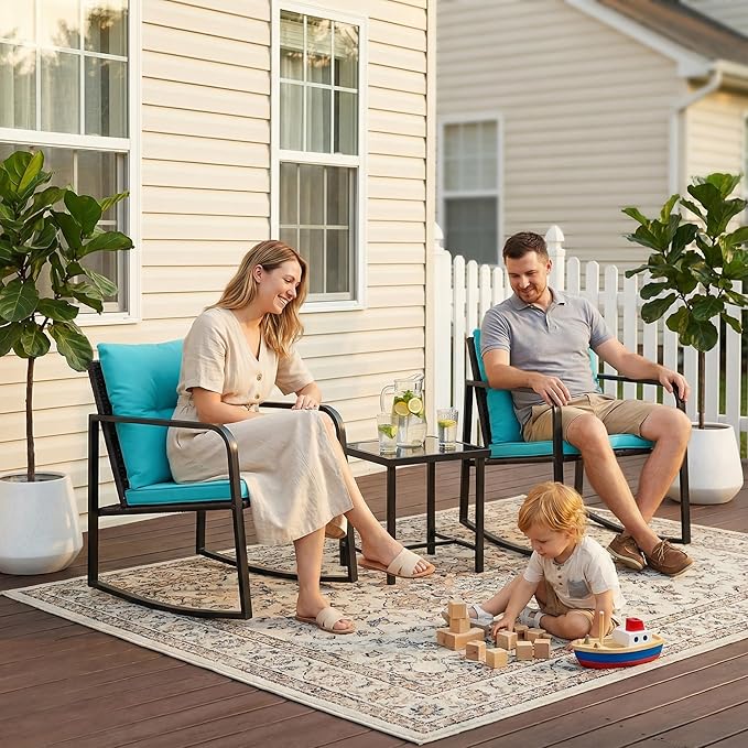 Flamaker Patio Chairs 3 Piece Wicker Rocking Chair Outdoor Bistro Sets with Coffee Table and Cushions Metal Frame Patio Furniture for Porch, Balcony, Lawn (Blue)