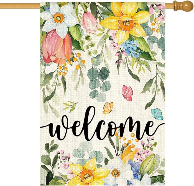 AVOIN colorlife Spring Flowers House Flag 28 x 40 Inch Double Sided, Seasonal Welcome Yard Outdoor Flag