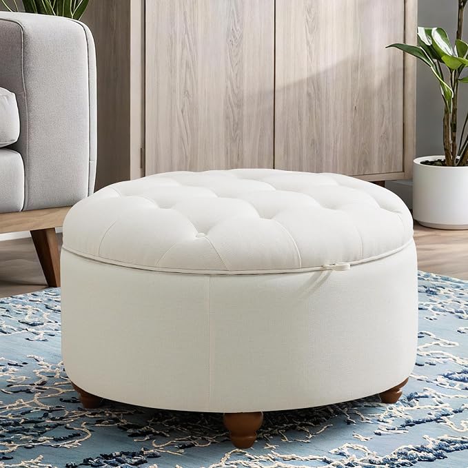 30'' Round Ottoman Coffee Table with Storage, Upholstered Tufted Ottoman with Flip Tray, Solid Wood Legs for Living Room, Bedroom, Beige