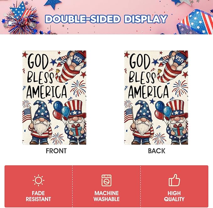 AVOIN colorlife God Bless America Patriotic 4th of July Garden Flag 12x18 Inch Double Sided Outside, American Stars and Stripes Gnomes Yard Outdoor Decoration