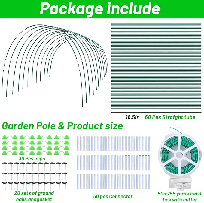 161 PCS Greenhouse Hoops for DIY Grow Tunnel, 12 Sets of 7 FT Long Garden Hoops Kit, Support Hoops Frame for Garden Netting Raised Bed Plant Row Cover, DIY Plant Support Garden Stakes