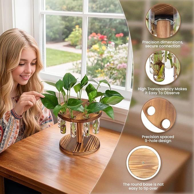 Plant Propagation Station, Plant Terrarium with Wooden Stand, 9 Tube Vases | Retro Rotation Plant Stand for Hydroponics Home Garden Office Decor, Unique Gardening Birthday Gifts for Women Plants Lovers