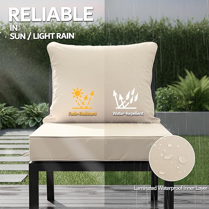 22x22 Inch Patio Chair Cushion with Removable Cover, Outdoor Furniture Cushion - Water-Repellent, Fade-Resistant, Non-Slip Bottom & Straps, Replacement for Lawn, Porch & Deck Chair - Cream