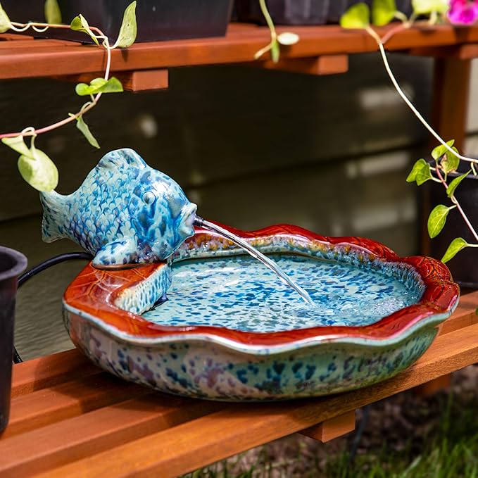 Sunnydaze Glazed Ceramic Fish 7-Inch Outdoor Garden Fountain - Outdoor Tabletop Fountain for Patio, Deck, Garden - Aqua and Brown