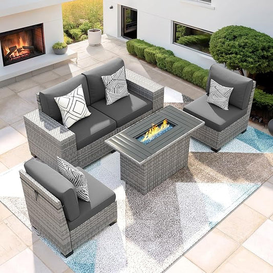 5 Piece Patio Furniture Set with Fire Pit Table, Outdoor Conversation Sets Grey Wicker Rattan Sectional Sofa, 4'' Thickened Cushion Dark Grey