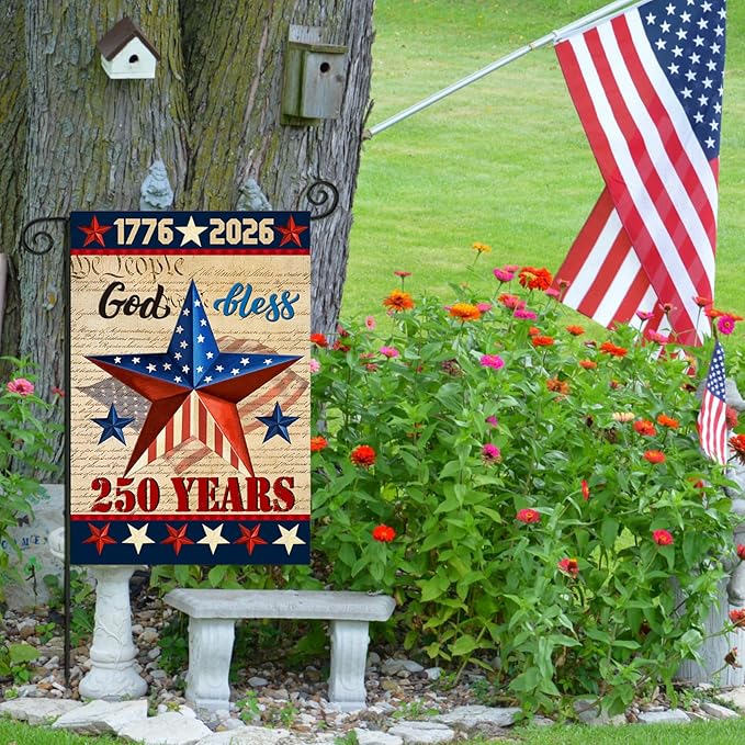 250 Anniversary USA Garden Flags for Outside,4th of July 250th Year America Banner,God Bless United States 12x18 Inch Double-Sided with Patriotic Star,1776-2026 America Merchandise for Yard Decoration