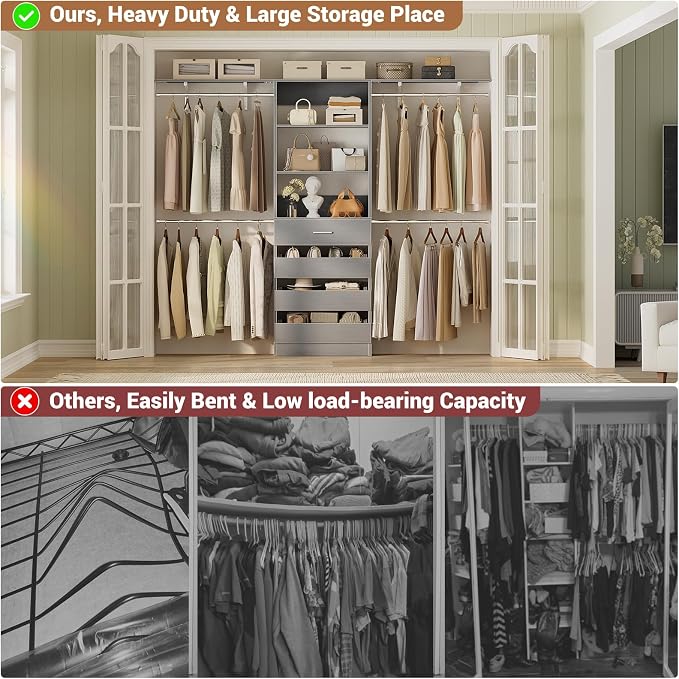 Aheaplus Closet System with 4 Drawers, 8FT Wood Closet Organizer System