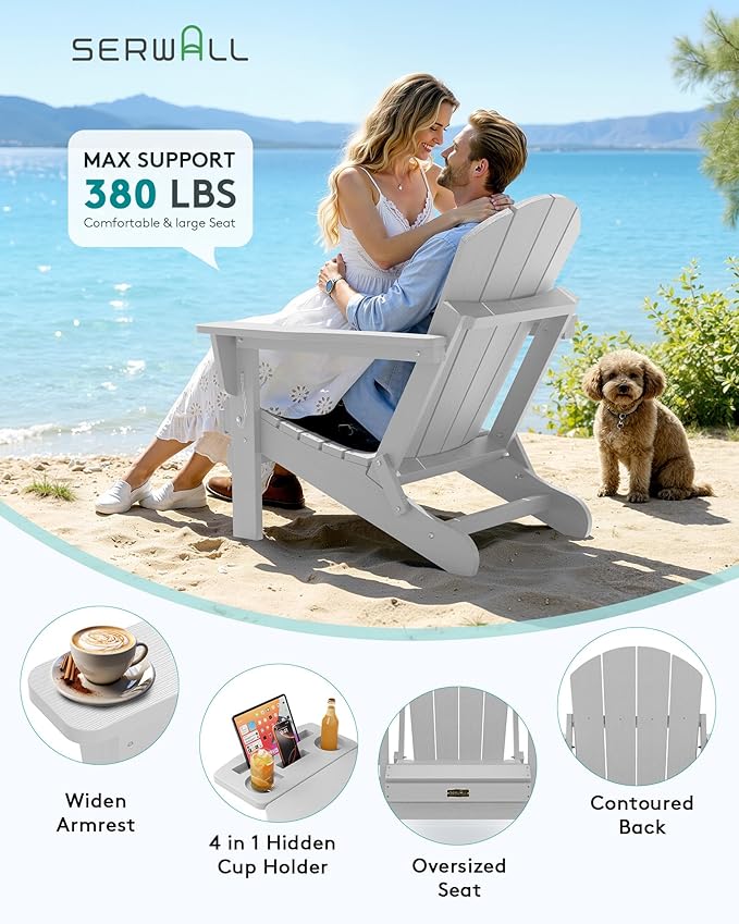 SERWALL Foldable Adirondack Chair Set of 2, HIPS Adirondack Chairs with 4 in 1 Cup Holder, Weather Resistant Fire Pit Chairs for Outdoor, Patio, Garden, Lawn, Backyard - Space Grey
