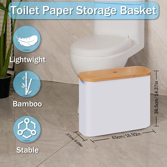 efluky Toilet Paper Storage, Toilet Paper Basket with Lid, Bathroom Organizer, Free Standing Holder Up to 9 Mega Rolls, White