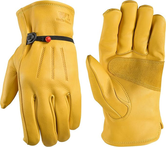 Wells Lamont Leather Work Gloves for Men – Heavy Duty, Cowhide, Abrasion & Puncture Resistant – Adjustable Wrist, Gunn Cut Design, Ideal for Ranching, Farming, Construction - Saddletan - M