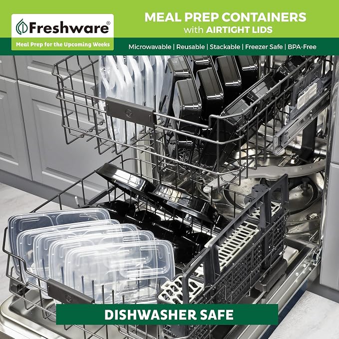 Freshware Meal Prep Containers [15 Pack] 3 Compartment with Lids, Food Containers, Lunch Box, BPA Free, Stackable, Bento Box, Microwave/Dishwasher/Freezer Safe (32 oz)