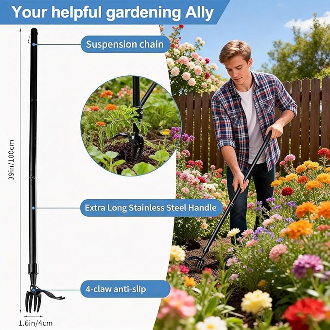 Manual Weed Puller Tool - Stand Up Weeder with 4-Claw Head & 3-Section Long Handle, Permanently Remove Dandelions with Roots, No Bending for Seniors, Lawn & Garden Tool