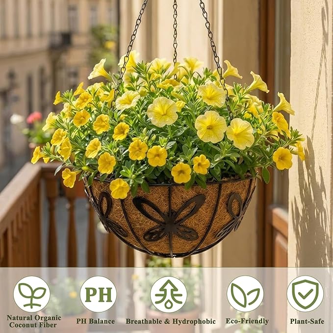 2 Pack Hanging Baskets for Plants Outdoor 14 Inch Butterfly Metal Hanging Planters with Coco Coir Liner, Round Hanging Flower Basket for Home Garden Patio Balcony Porch