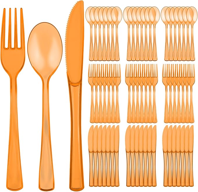 75 PCS Plastic Silverware Disposable Silverware Heavy Duty Utensil Sets 25 Of Each Forks Knives & Spoons Disposable Cutlery Set For Easter,Birthday,Baby Shower,Garden Party,Wedding(75,Orange)