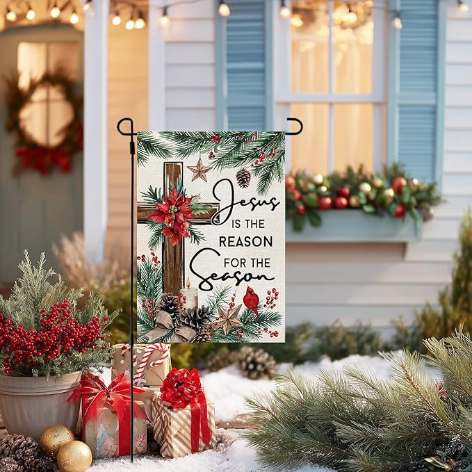 CROWNED BEAUTY Christmas Garden Flag Jesus Is the Reason for the Season 12x18 Inch Double Sided Religious Cross Decoration for Outside Yard CF1890-12