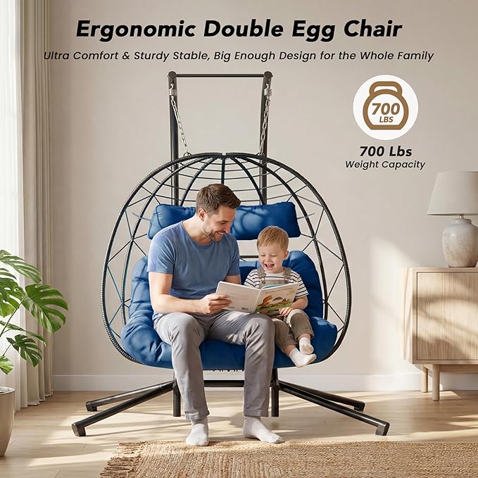 Easyego 2-Person Wicker Hanging Egg Chair with Stand- 700 lb Capacity, Indoor/Outdoor Double Egg Swing Hammock Chair for Patio, Garden, Porch, Living Room, Bedroom-Dark Blue