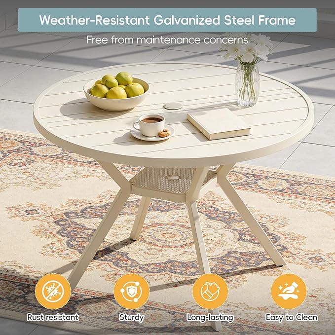42" Outdoor Patio Table Dining Table, All Weather Metal Round Patio Table with Adjustable Umbrella Hole, Patio Furniture for Lawn Garden Backyard, Sandshell