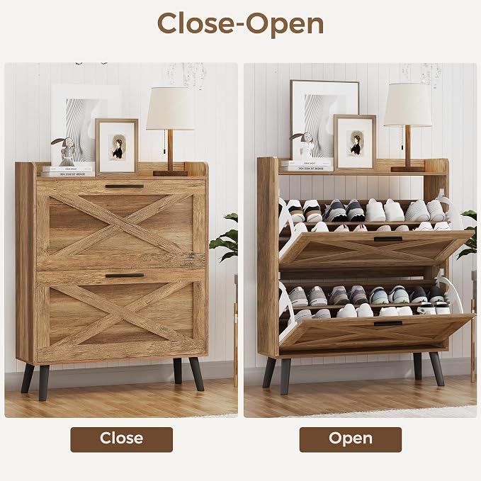 Homleke Farmhouse Shoe Storage Cabinet with Flip Drawers & Barn Door Design
