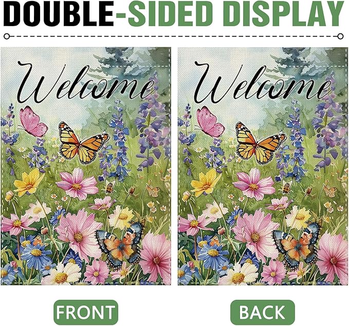 Dyrenson Welcome Spring Summer Floral Decorative Garden Flag, Watercolor Flower Butterfly Yard Outside Home Decoration, Botanical Wildflower Pastoral Burlap Outdoor Small Decor Double Sided 12 x 18
