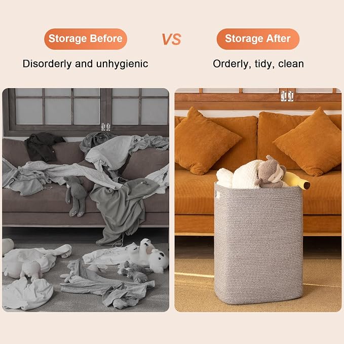 OIAHOMY Laundry Hamper Laundry Basket Rectangle Cotton Storage Basket Grey | 16x13x22in Woven Clothes Hamper with Handles, Large Blanket Basket for Living room, Decorative Storage bins for Toys,Pillows