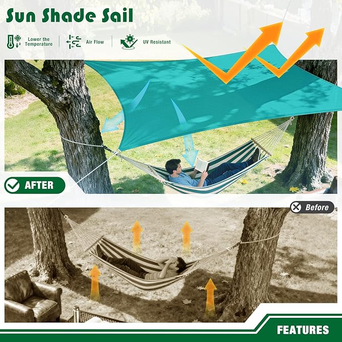 Sun Shade Sail 8'x8' Rectangle Shade Canopy Patio Cover UV Block Shade Cloth Awning Fabric for Backyard Pergola Garden Deck Carport Outdoor Activities, Turquoise