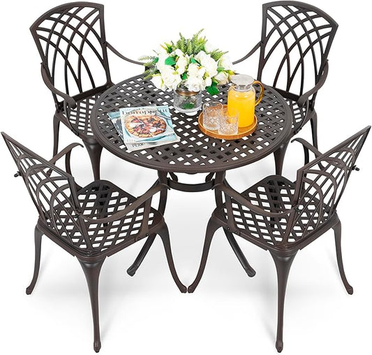 NUU GARDEN 5 Piece Outdoor Patio Dining Set, All-Weather Round Cast Aluminum Dining Table with 1.97"" Umbrella Hole and Outdoor Patio Dining Chairs for Patio, Garden, Backyard, Balcony, Bronze