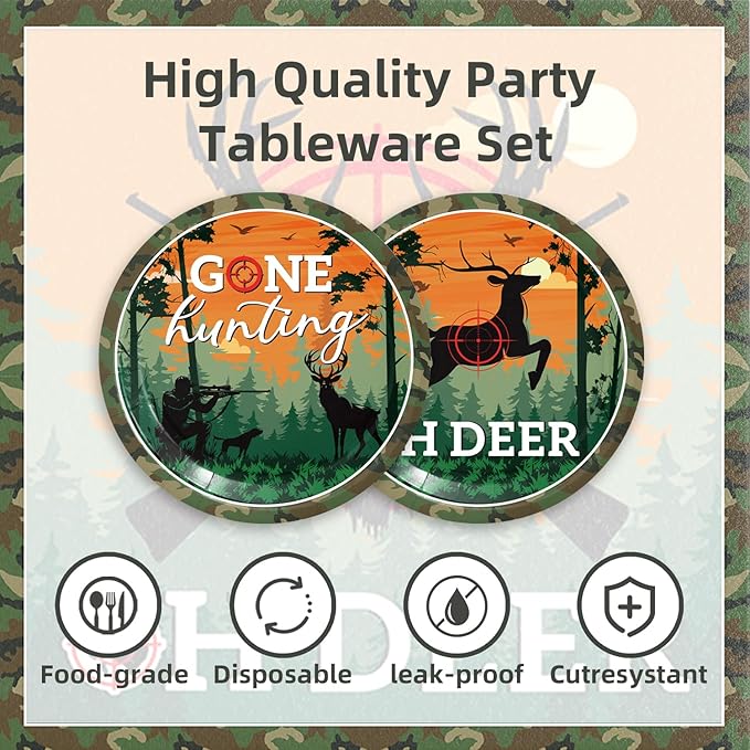 48Pcs Hunting Birthday Party Decorations,Camo Hunting Party Plates Napkins and Forks Supplies Set for 16 Guests