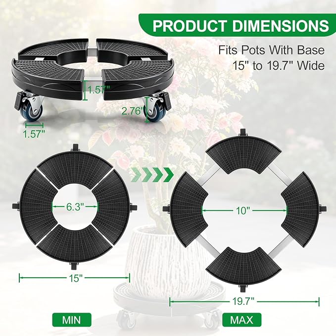 Expandable Plant Caddy with Lockable Wheels | 15–19.7in Adjustable Rolling Plant Dolly, Heavy Duty Wheeled Stand for Round Planters, Tower Planters & Storage Bins