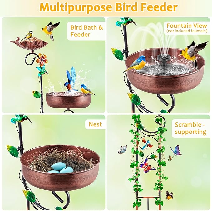 2 In 1 Bird Bath for Outside, Free Standing Large Metal Bird Baths Bowls & Bird Feeder Combo for Outdoors Garden Yard Lawn Decor, Vintage Wild Birdbaths Stand for Hummingbird, Copper